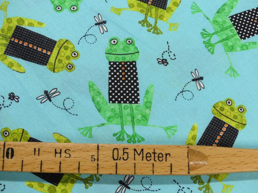Preview: Patchworkstoff Libelle Frösche grün gelb türkis Detailansicht mit Maß